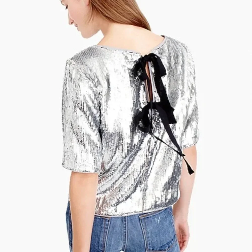 NWOT J.Crew Sequin Party Top Ribbon Bow Back Silver Size 000